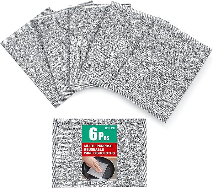 BTIFU 6 Pcs New Upgrade Steel Wire Dishcloth,Multipurpose Reusable Non Scratch Wire Dishcloth,Metal Dish Cloth Wet and Dry,for Kitchen Cleaning,Sinks, Dishes,Stove Top