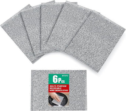 BTIFU 6 Pcs New Upgrade Steel Wire Dishcloth,Multipurpose Reusable Non Scratch Wire Dishcloth,Metal Dish Cloth Wet and Dry,for Kitchen Cleaning,Sinks, Dishes,Stove Top
