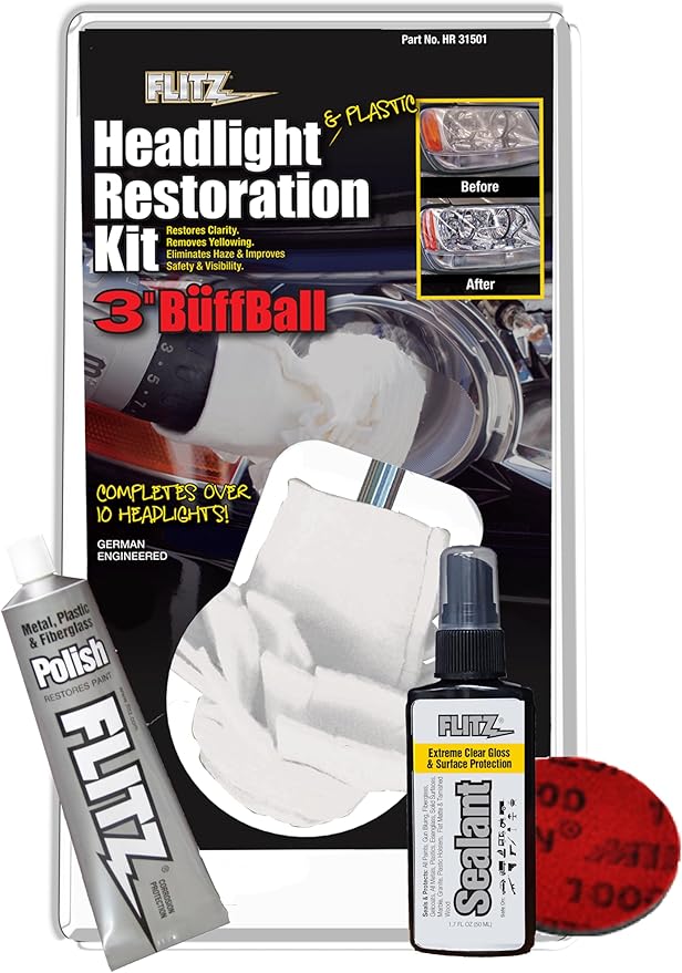 Flitz Car Headlight Restoration Kit - USA-Made Headlight Cleaner and Restorer Kit - Includes 1.7oz Polish, 1.7oz Sealant, 3" Buff Ball, and Scuff Pad - Removes Scratches & Yellowing on Automotive Lens