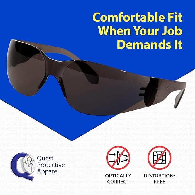 Quest Protective Apparel Safety Glasses for Men and Women - Anti Fog Safety Goggles for Shooting, Lab, or Construction – Polycarbonate Eye Protection [Smoke & Pack of 4]