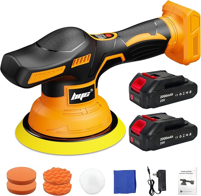 Cordless Car Buffer Polisher kit - 2Pcs 2000mAh 21V Battery, 6 Inch Portable Orbital Buffer Polisher Kit, 8 Variable Speed Car Polisher for Car Detailing/Polishing/Waxing