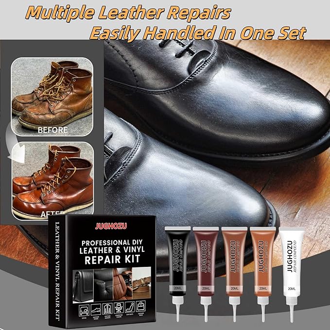 Jughozu Leather Repair Kit for Furniture, Sofa, Jacket, Car Seats & Purse, Vinyl Repair Kit with Easy Instructions. Fix Tears, Scratches, Holes & Peeling on Genuine, Faux, Bonded.(Brown)