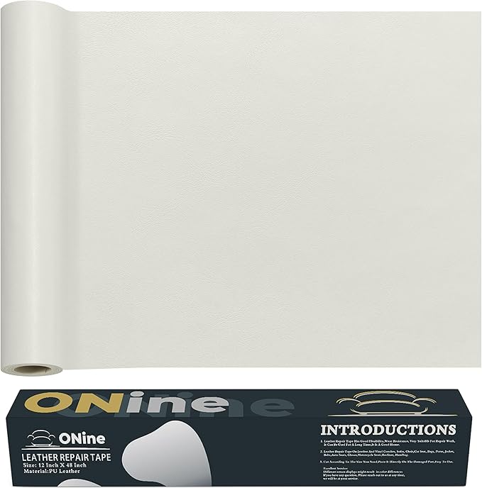 ONine Leather Repair Patch，Leather Repair Tape, 12 x 48 inches Leather Repair Patch for Furniture,Vinyl Repair Kit，Leather Couch Patch，for Sofas, Furniture, Car Seats, Office Chairs(White)