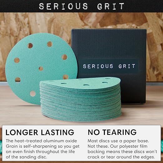 Serious Grit - 5-Inch 9-Hole 1000 Grit Sanding Discs - Heavy-Duty Hook & Loop Film Discs - Sandpaper for Random Orbital Sanders - 50 Pack Box