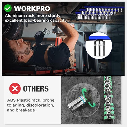 WORKPRO Magnetic Socket Organizer - 6-Piece Aluminum Alloy Socket Rail, Heavy Duty Socket Holder - Set: 1/4-Inch x 12 Clips, 3/8-Inch x 10 Clips, 1/2-Inch x 10 Clips