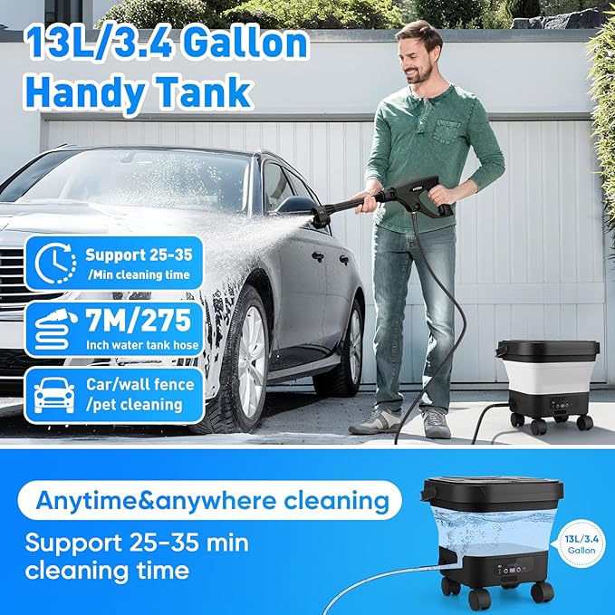 660PSI Portable Cordless Pressure Washer with Folding 3.4Gal Tank, 6-in-1 Nozzle, 7 Adjustable Pressure Levels, 7M Hose, Portable Sprayer with Wheels for Car Floor Wall Fence Cleaning (White)
