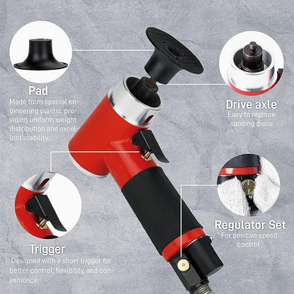 Pneumatic Mini Orbital Sander Grinder Polisher Kit, 2 inch Air Right Angle Surface Prep Tool with 41pcs Roll Lock Discs