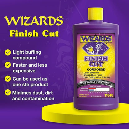 Wizards Finish Cut Compound - Levels Scratches and Brightens Dull Finishes - Easy Clean-Up for Automotive and Auto Paint Correction - Non-Greasy Water-Based Polish for a Smooth Show Finish - 32 oz