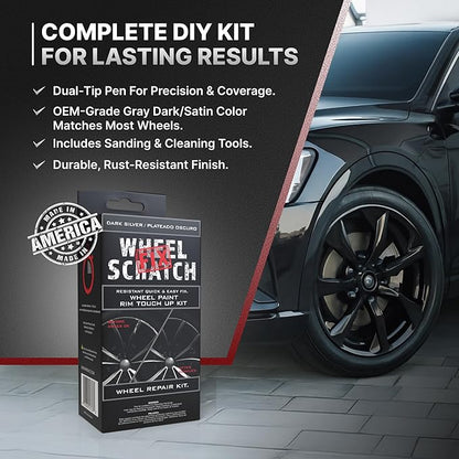 Wheel Scratch Fix® Dark Silver Touch Up Paint for Cars - DIY Alloy Wheel Repair Kit, Curb Rash Remover with Fast-Drying Pen - Long-Lasting OEM Finish Car Rim Paint for Scuffs and Chips at Home (Dark Silver)