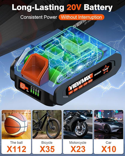Viewmax 2-in-1 Car Vacuum and Tire Inflator - 20V Cordless Handheld Vacuum Cleaner & 150PSI Air Pump with Pressure Gauge, 18000Pa Suction, Portable Air Compressor for Tires Pump and Car Cleaning