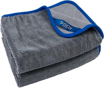 SHSCLY Car Drying Towels, Microfiber 2-Pack (29"x33"), Ultra Absorbent & Scratch-Free, Thick Twist Pile for Auto Detailing & Water Removal, Grey with Blue Trim