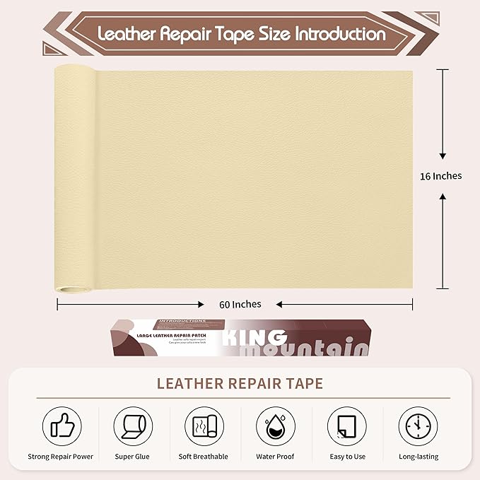 KING MOUNTAIN Leather Repair Patch,16 x 60 Inches self Adhesive Leather Repair Tape for Damaged Leather Furniture, Sofa Seating,Car Seats, Leather Goods(Beige Yellow)