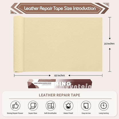 KING MOUNTAIN Leather Repair Patch,16 x 60 Inches self Adhesive Leather Repair Tape for Damaged Leather Furniture, Sofa Seating,Car Seats, Leather Goods(Beige Yellow)