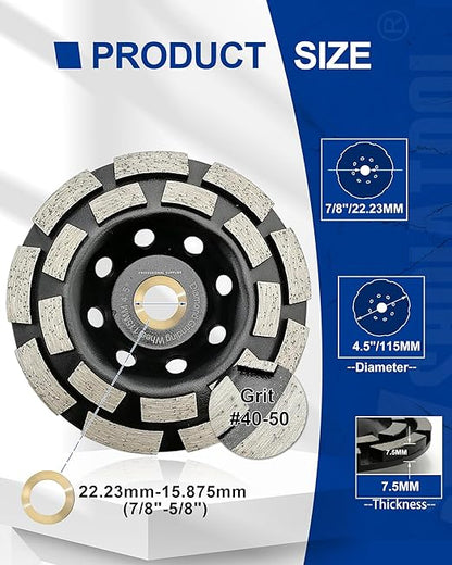 SHDIATOOL 4-1/2 Inch Double Row Diamond Grinding Cup Wheel for Concrete Granite Marble Masonry Brick Fits 7/8 Inch Arbor
