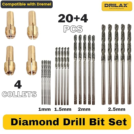 Drilax 24-Piece Diamond Drill Bits Set (1mm, 1.5mm, 2mm, 2.5mm) Compatible with Dremel Rotary Tools – Includes 4 Collets – Diamond Tipped Drill Bit for Stone, Glass, Sea Shells & Jewelry Making Tools