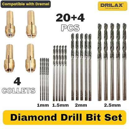 Drilax 24-Piece Diamond Drill Bits Set (1mm, 1.5mm, 2mm, 2.5mm) Compatible with Dremel Rotary Tools – Includes 4 Collets – Diamond Tipped Drill Bit for Stone, Glass, Sea Shells & Jewelry Making Tools