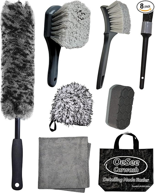 8PCS Pro Wheel Cleaning Kit - Woolies Brushes, Detailing Brush, Tire Brush, Wash Mitt, Drying Towel & Carry on Bag - Scratch-Free Rim Cleaning Kit