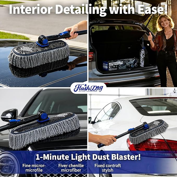 Flash Dog Microfiber Car Duster Exterior - Scratch Free Waterless Cleaning Brush for Cars/SUV/Truck Roofs, Windshields | Telescopic Aluminum Alloy Handle