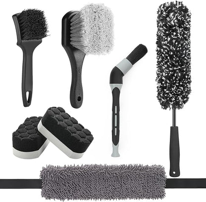 Fantasticlean 7PCS Car Wheel Brush Kit, Tire Brush, Soft-bristled Rim Brush, Chenille Rim Cleaning Tape, Microfiber Bendable Brush, Curved Detailing Brush with Elbow Connector, Detailing Pads