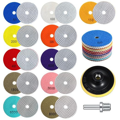 simarro 13 Pcs Granite Polishing Kit, 4 Inch Diamond Polishing Pads with 5/8’’-11 Backer Pad, 50-8000 Grit Wet Dry Polishing Pads for Granite Marble Concrete Stone Countertop Quartz Polishing