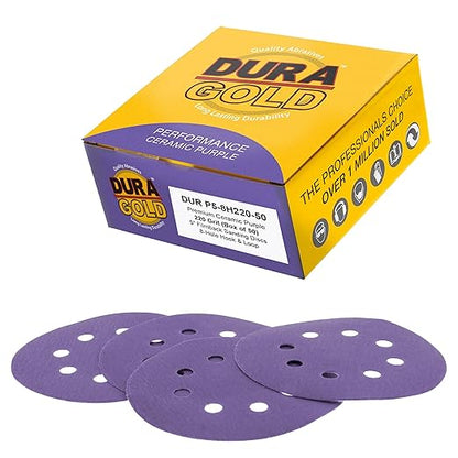 Dura-Gold Premium 220 Grit 5" Purple Film Ceramic Sanding Discs, 8-Hole Pattern, Box of 50 - Dustless Hook & Loop Backing Sandpaper for DA & Random Orbital Sanders - Sand Auto Paint, Wood, Woodworking