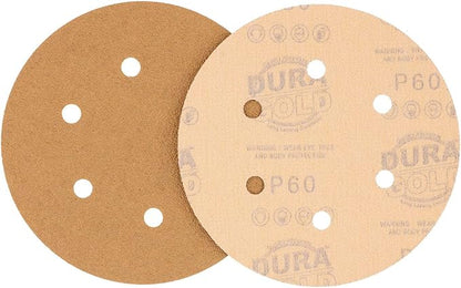 Dura-Gold Premium 60 Grit 6" Gold Sandpaper Discs, 6 Hole Pattern Dustless, Box of 24 - Hook & Loop Backing for DA Sander, Finishing Coarse Sanding Abrasive Automotive Paint, Woodworking Wood, Metal