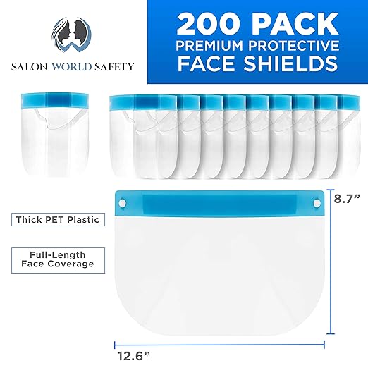 Salon World Safety 200 Face Shields (20 Packs of 10) - Ultra Clear Protective Full Face Shields to Protect Eyes, Nose and Mouth - Anti-Fog PET Plastic, Elastic Headband - Sanitary Droplet Splash Guard