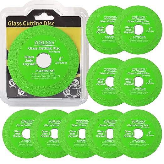ZORUNNA 10 Pack Glass Cutting Disc for Angle Grinder, 4" X 7/8" Tile Diamond Cutting Disc, Ultra-Thin Glass Cutter Blade for Cutting and Grinding Jade, Crystal, Tile, Ceramic.