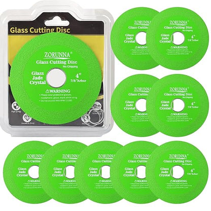ZORUNNA 10 Pack Glass Cutting Disc for Angle Grinder, 4" X 7/8" Tile Diamond Cutting Disc, Ultra-Thin Glass Cutter Blade for Cutting and Grinding Jade, Crystal, Tile, Ceramic.