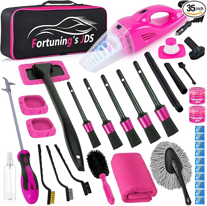 35PCS Car Detailing Kit Interior Cleaner with High Power Handheld Vacuum,Car Wash kit with Detailing Brush Set,Car Interior Detailing Kit,Pink Car Accessories for Motorcycle,Cars Gifts for Women