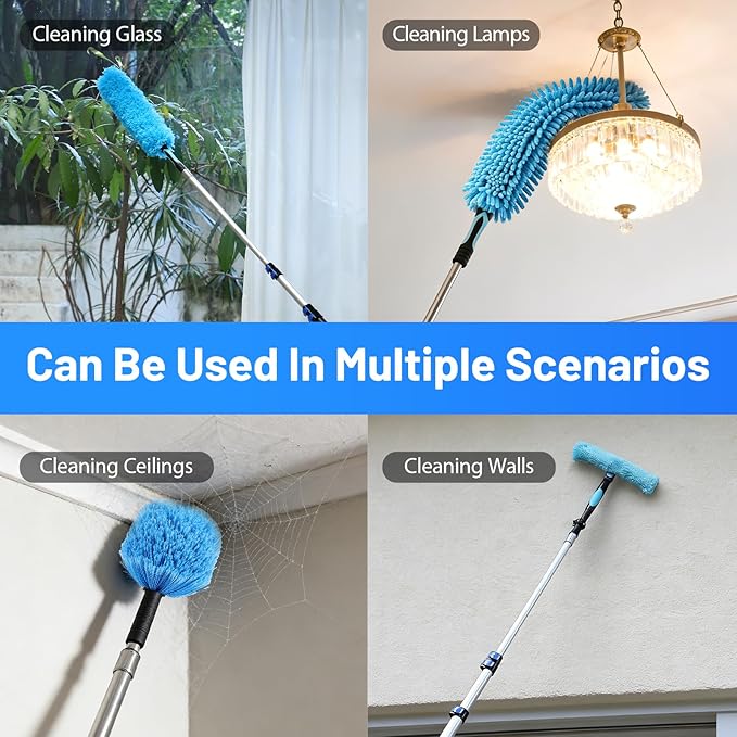 FAHKNS 20 Foot High Ceiling Fan Duster, Heavy Duty High Reach Duster Kit for Cleaning, Spider Web Brush, Washable Dust Brush for High Roof and Glass Surfaces (with 5-12ft Extension Pole)