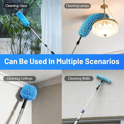 FAHKNS 25 Foot High Ceiling Fan Duster, Heavy Duty High Reach Duster Kit for Cleaning, Spider Web Brush, Washable Dust Brush for High Roof and Glass Surfaces (with 5-18ft Extension Pole)