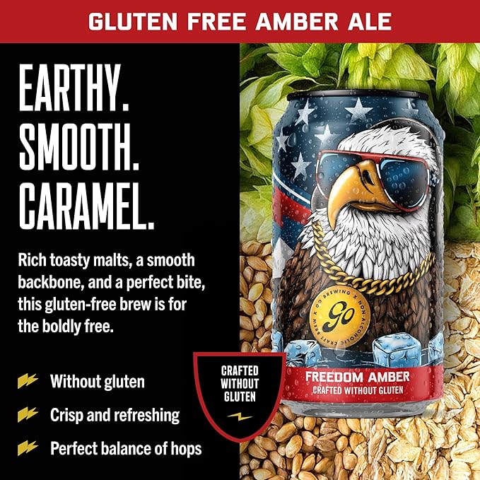 Go Brewing - Freedom West Coast Pale, Amber, and Hazy IPA Non-Alcoholic Craft Beer - Small Batch Brew with Classic Ingredients - Low-Calorie & Crafted Without Gluten - Bold, Balanced Taste (12 Oz, 12 Cans)