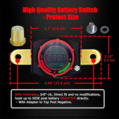 Ampper Battery Disconnect Switch with Voltmeter, 12-48V Battery Cut Off ON/Off Shut Off Switch W/Adapter for Car, RV and More (Side to Top, Negative)