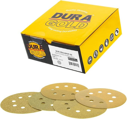 Dura-Gold Premium - Variety Pack - 5" Gold Sanding Discs - 8-Hole Dustless Hook and Loop - 10 Each of Grit (60, 80, 120, 220, 320) - Box of 50 Sandpaper Finishing Discs for Woodworking or Automotive