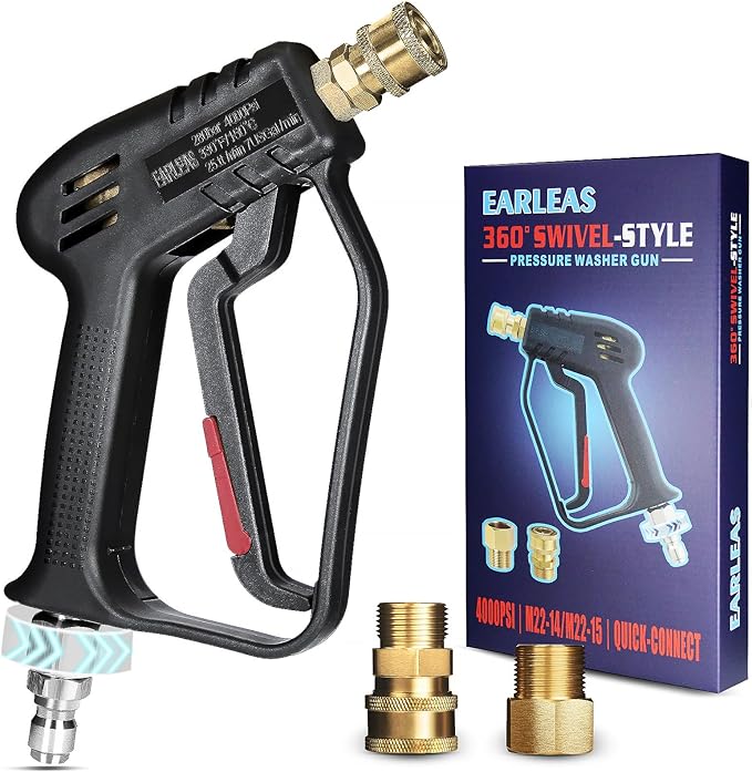 Short Pressure Washer Gun with Swivel, Anti-Tangle Design, Max 4000 PSI, Heavy Duty, 3/8" QC & M22 14/15mm Inlet, 1/4" Quick Connect Outlet for Car Detailing