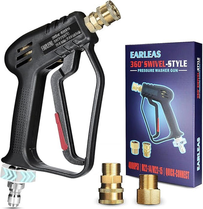 Short Pressure Washer Gun with Swivel, Anti-Tangle Design, Max 4000 PSI, Heavy Duty, 3/8" QC & M22 14/15mm Inlet, 1/4" Quick Connect Outlet for Car Detailing