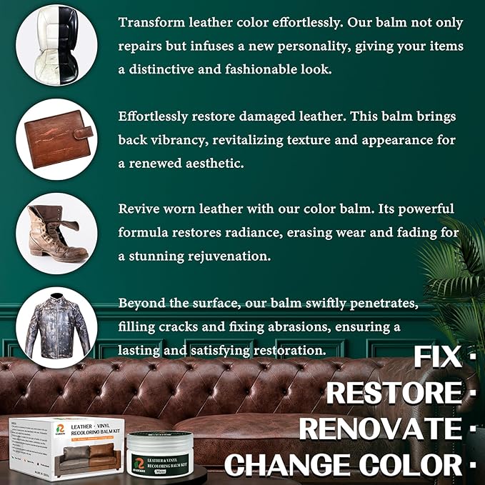 RABEKIM White Leather Repair Kit, Leather Recoloring Balm – Restore & Repair Faded Leather on Couches, Car Seats, Shoes & Furniture | Leather Color Restorer & Conditioner | Easy DIY Application