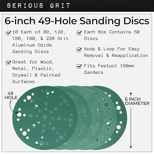 Serious Grit - 6-Inch 49-Hole Sanding Discs Assortment - 80, 120, 150, 180, 220 Grit (10 of Each) - Heavy-Duty Hook & Loop Film Discs - Sandpaper for Random Orbital Sanders - 50 Pack Box