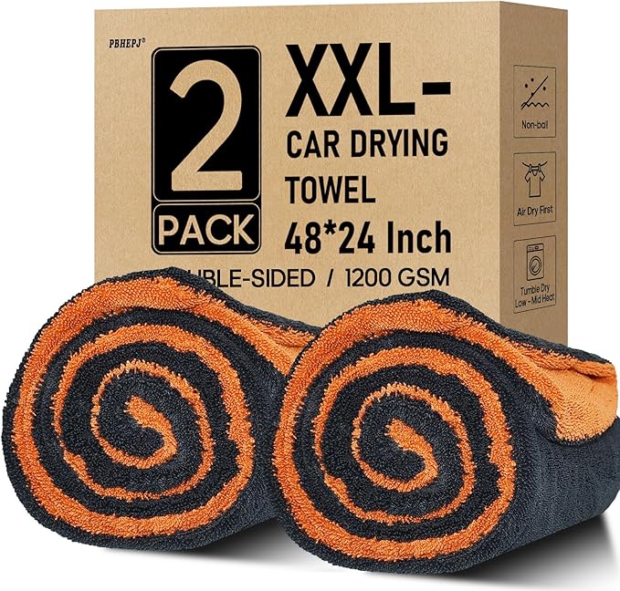 PBHEPJ 2-Pack XXL (48"x 24") Microfiber Car Drying Towel, Double-Sided Car Cleaning Towel with Twisting Yarn Technique, 1200GSM Super Absorbent, Scratch-Free, Machine Washable