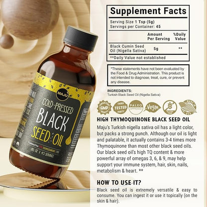 MAJU Black Seed Oil - 3 Times Thymoquinone, Cold-Pressed, 100% Turkish Black Cumin Seed Oil, Liquid Pure Blackseed, Glass Bottle, 8 oz