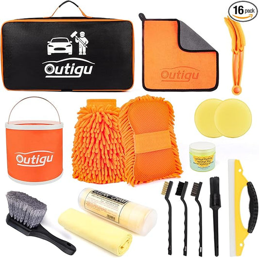 Car Cleaning Kit with Storage Bag, Car Washing Kit 16 Pcs, Car Detailing Kit with Wash Mitt Sponge Towels, Car Wash Mitt, Detailing Brushes, Exterior and Interior Car Washing Set
