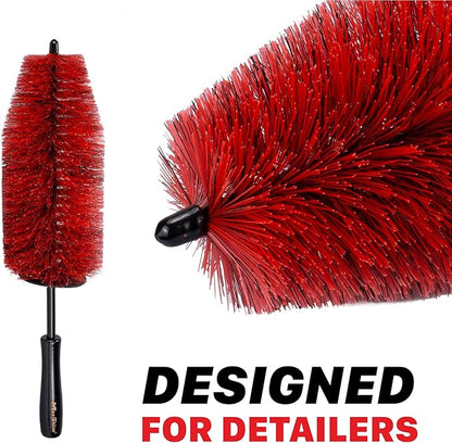 Maxshine Wheel & Rim Brush 10” (Red & Black) | Large Soft Bristle PP Material with Comfort Grip & Knuckle Guard | Scratch-Free Wheel Cleaning Brush | Universal Car Detailing Tool for Rims & Tires