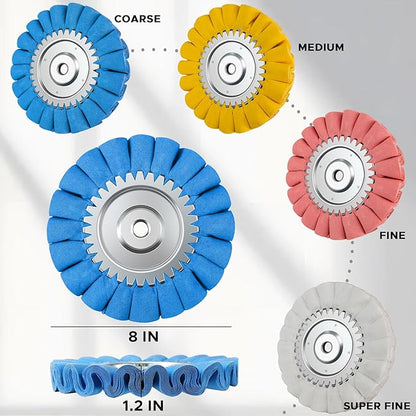 9PCS 8" Airway Buffing Wheel Kit,16-Layer S-Shape Aluminum Metal Polishing Wheel, 5/8" Arbor, 5 Compounds for Semi Truck Wheels, Fuel Tanks, Bumpers, Steps & Diamond Plates