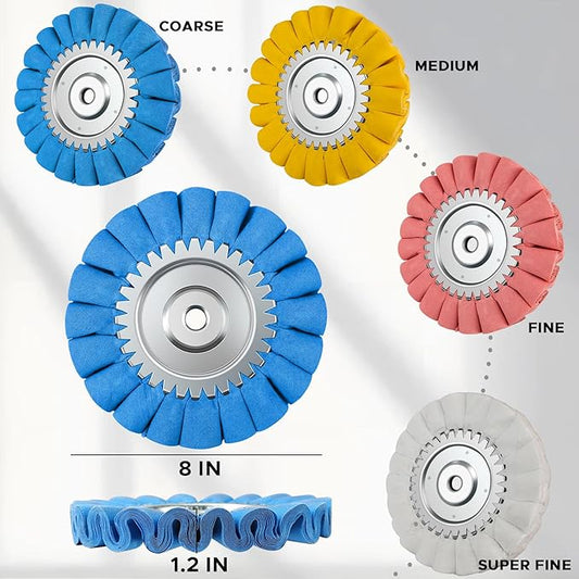 9PCS 8" Airway Buffing Wheel Kit,16-Layer S-Shape Aluminum Metal Polishing Wheel, 5/8" Arbor, 5 Compounds for Semi Truck Wheels, Fuel Tanks, Bumpers, Steps & Diamond Plates