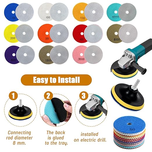 simarro 13 Pcs Granite Polishing Kit, 4 Inch Diamond Polishing Pads with 5/8’’-11 Backer Pad, 50-8000 Grit Wet Dry Polishing Pads for Granite Marble Concrete Stone Countertop Quartz Polishing