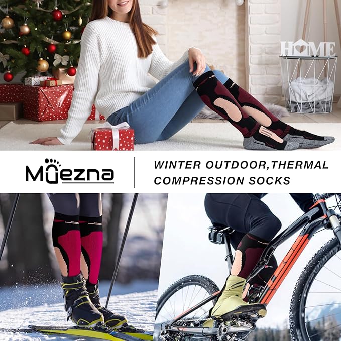 Merino Wool Ski Socks 2 Pairs for Mens Womens Knee High Thermal Snowboarding Socks for Cold Weather