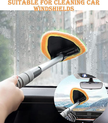 Windshield Cleaning Tool with Reusable Microfiber Pads Glass Wiper Kit, Extendable Handle Car Window Cleaner (1, Orange)