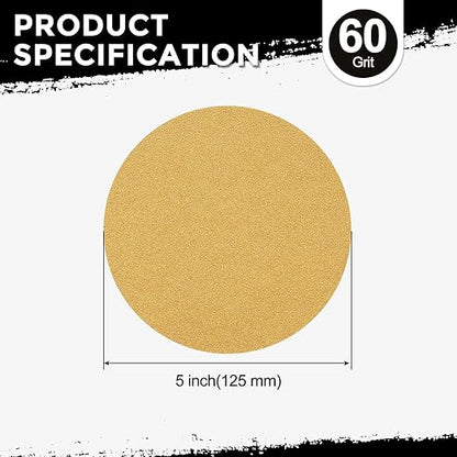 Kozelo 50 Pcs Sanding Discs 5 Inch 60 Grit Hook and Loop Random Orbital Sandpapers Suitable for Drywall Sander Wood Metal Furniture, Yellow