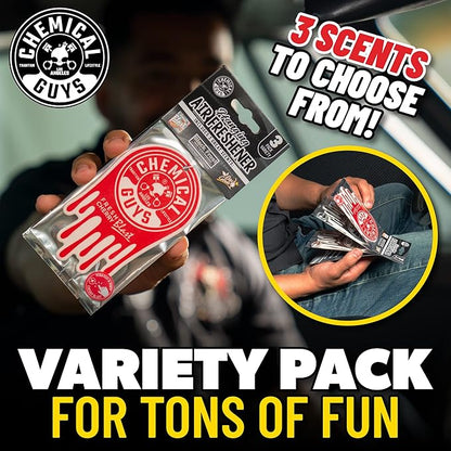Chemical Guys Car Fresheners, Hanging Air Fresheners, Variety Scent Pack 12 Pack - for Cars, Home, Garage, Workspace, Dorm Room & More (4 x 3 Packs, Black Frost, Cherry, Pina Colada)